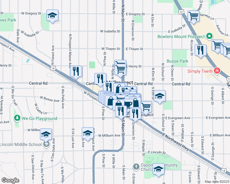 map of restaurants, bars, coffee shops, grocery stores, and more near in Mount Prospect
