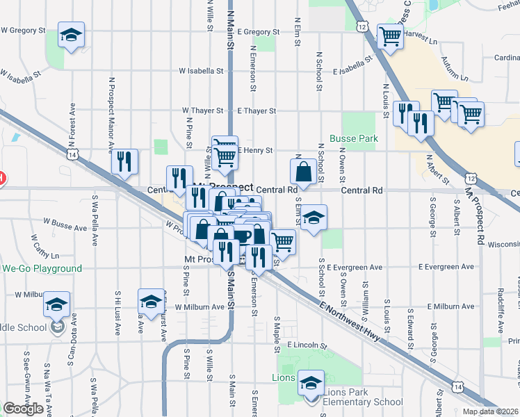 map of restaurants, bars, coffee shops, grocery stores, and more near 2 South Maple Street in Mount Prospect
