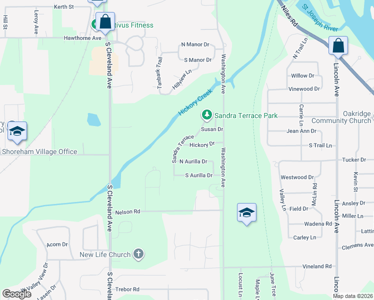 map of restaurants, bars, coffee shops, grocery stores, and more near 1429 Hickory Drive in St. Joseph