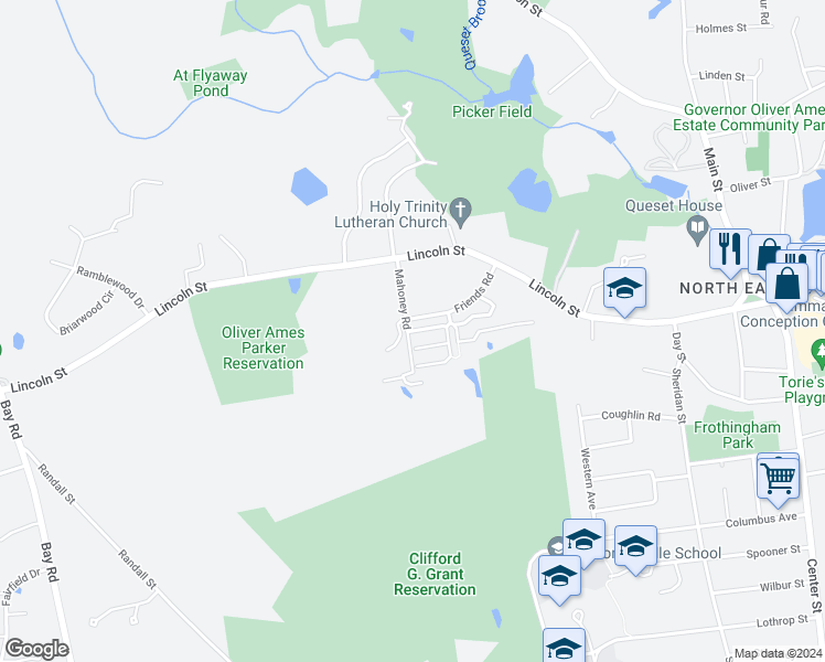 map of restaurants, bars, coffee shops, grocery stores, and more near 10 Rufus Jones Lane in Easton