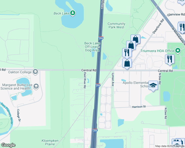 map of restaurants, bars, coffee shops, grocery stores, and more near 205 South Country Lane in Des Plaines