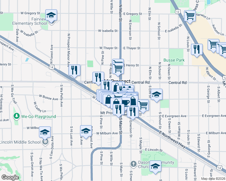 map of restaurants, bars, coffee shops, grocery stores, and more near in Mount Prospect