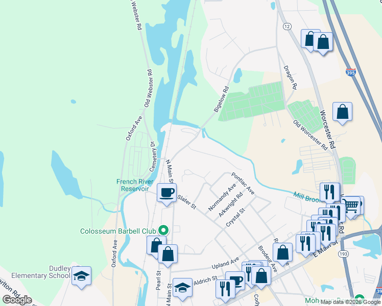 map of restaurants, bars, coffee shops, grocery stores, and more near 15 Bigelow Road in Webster