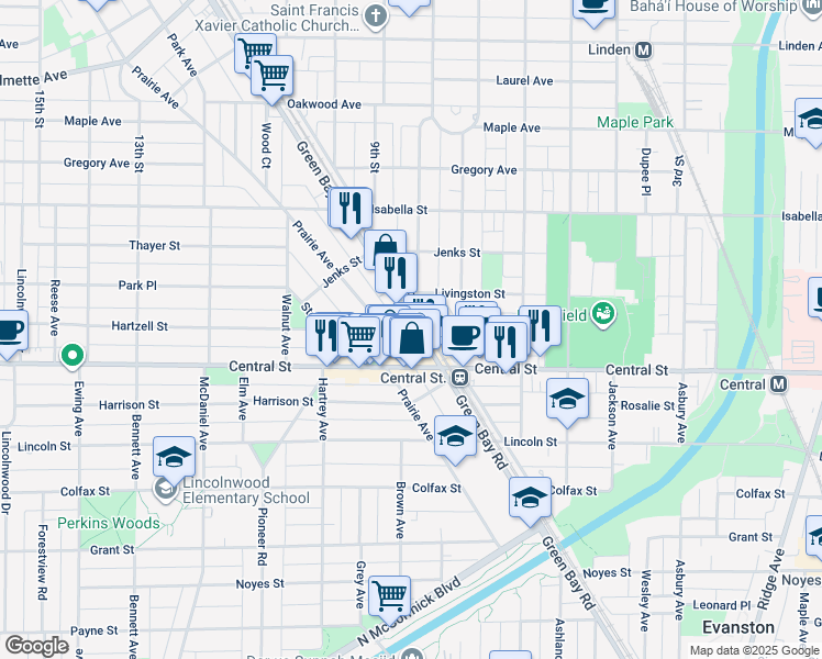 map of restaurants, bars, coffee shops, grocery stores, and more near 2658 Green Bay Road in Evanston