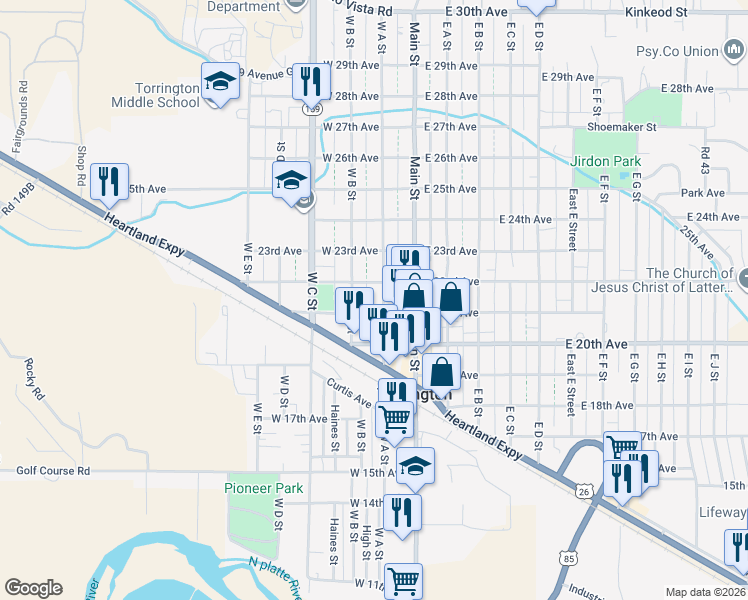 map of restaurants, bars, coffee shops, grocery stores, and more near 111 W 22nd Ave in Torrington