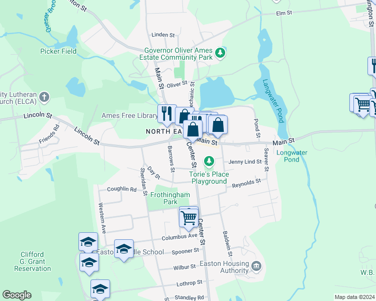 map of restaurants, bars, coffee shops, grocery stores, and more near 21 Center Street in Easton