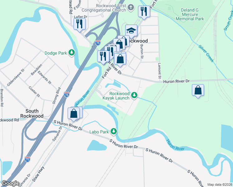 map of restaurants, bars, coffee shops, grocery stores, and more near 22211 William Street in Rockwood