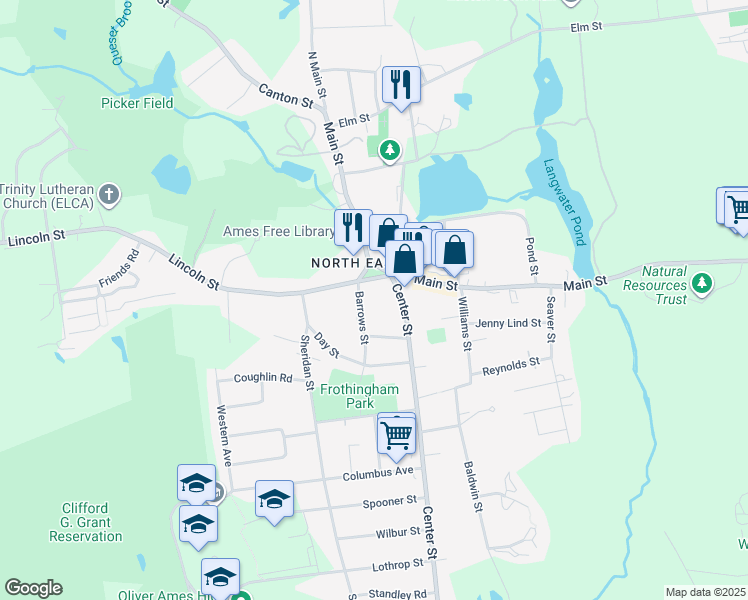 map of restaurants, bars, coffee shops, grocery stores, and more near 8 Lincoln Street in Easton