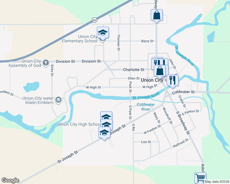 map of restaurants, bars, coffee shops, grocery stores, and more near 323 West High Street in Union City