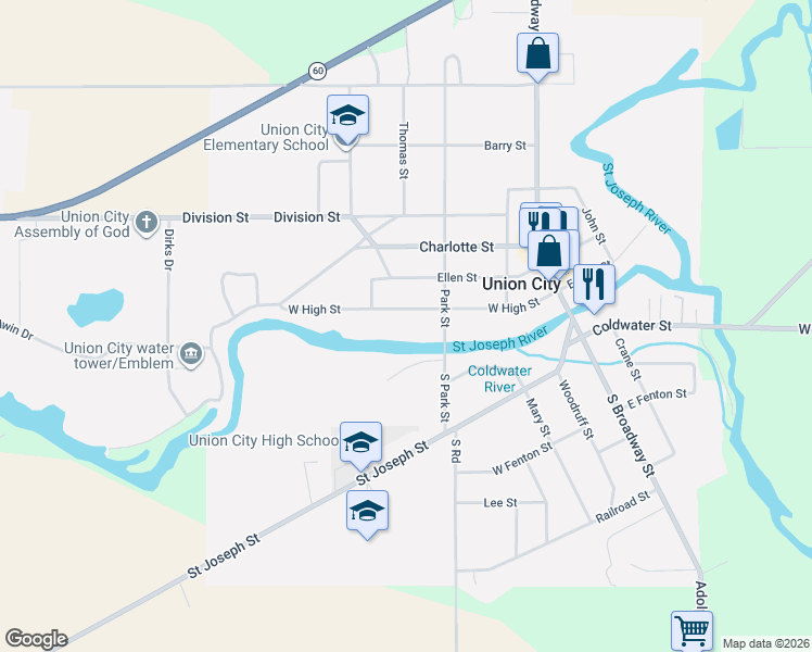 map of restaurants, bars, coffee shops, grocery stores, and more near 322 West High Street in Union City