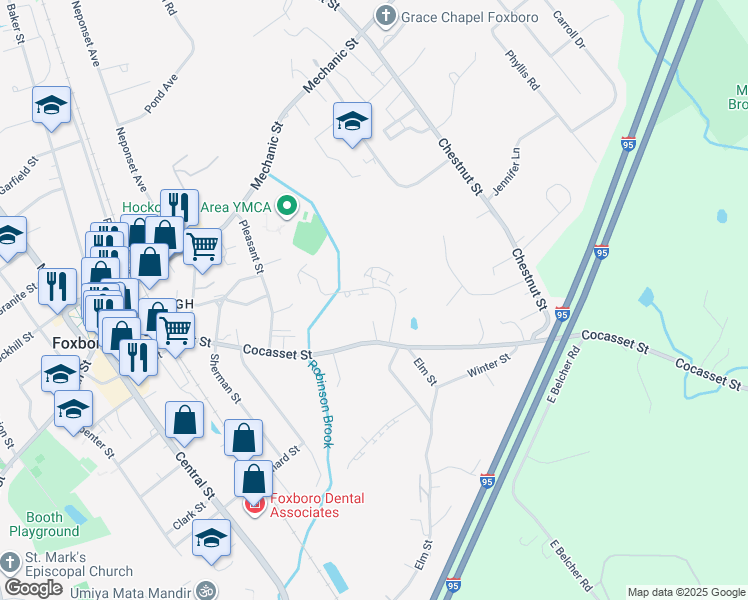 map of restaurants, bars, coffee shops, grocery stores, and more near 17 Fuller Road in Foxborough