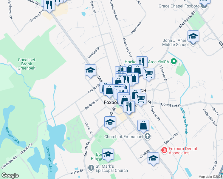map of restaurants, bars, coffee shops, grocery stores, and more near 13 Bird Street in Foxborough