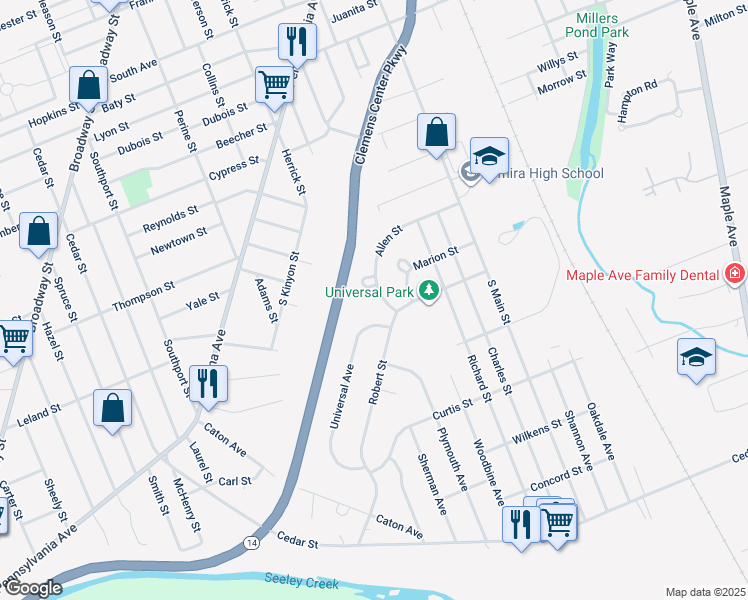 map of restaurants, bars, coffee shops, grocery stores, and more near 253 Allen Street in Elmira