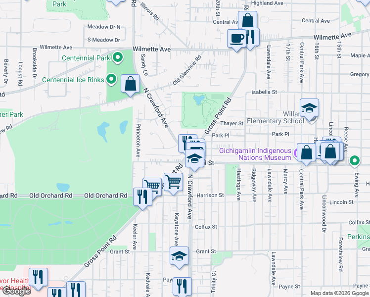 map of restaurants, bars, coffee shops, grocery stores, and more near 3428 Park Place in Evanston