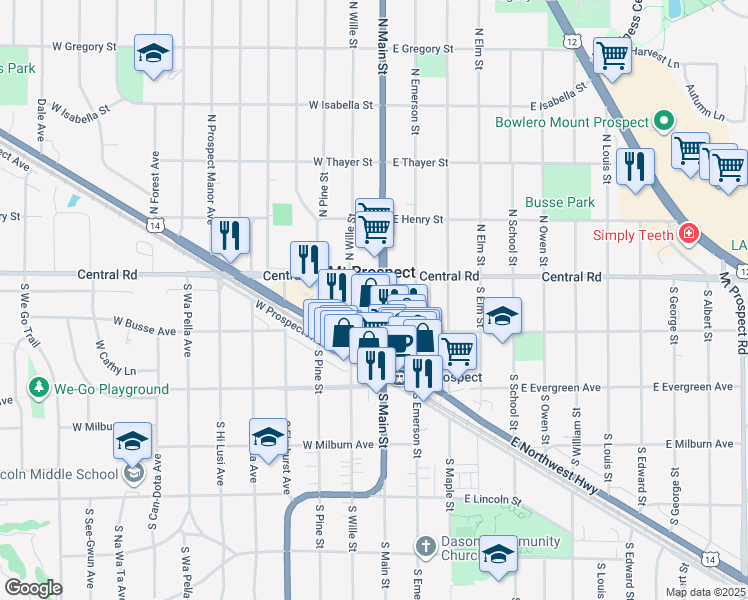 map of restaurants, bars, coffee shops, grocery stores, and more near in Mount Prospect