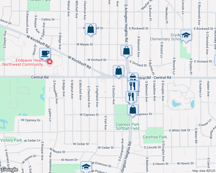 map of restaurants, bars, coffee shops, grocery stores, and more near 1010 South Dunton Avenue in Arlington Heights