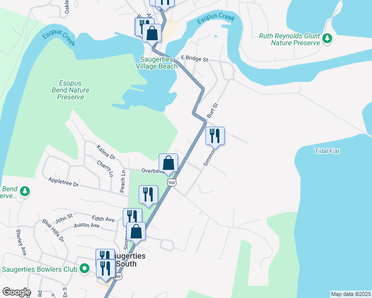 map of restaurants, bars, coffee shops, grocery stores, and more near 142 Burt Street in Saugerties