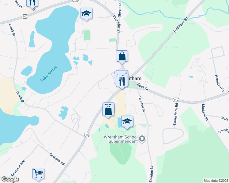 map of restaurants, bars, coffee shops, grocery stores, and more near 102 South Street in Wrentham