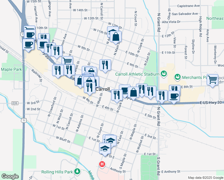map of restaurants, bars, coffee shops, grocery stores, and more near 125 East 6th Street in Carroll