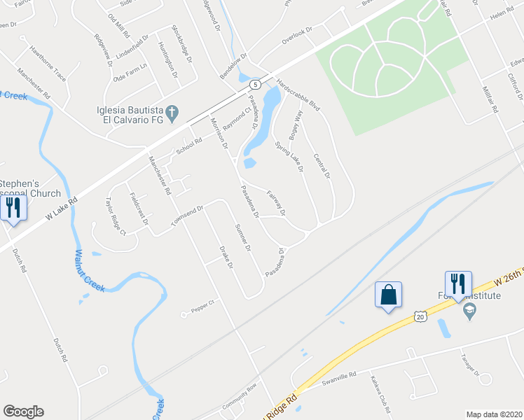 map of restaurants, bars, coffee shops, grocery stores, and more near 1411 Pasadena Drive in Erie