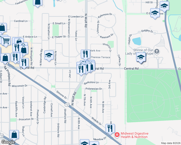 map of restaurants, bars, coffee shops, grocery stores, and more near 790 South Wolf Road in Des Plaines