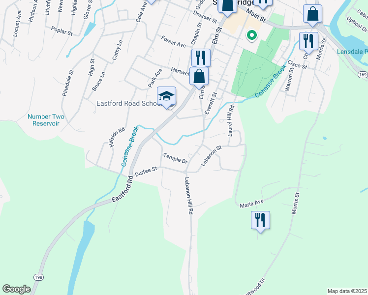 map of restaurants, bars, coffee shops, grocery stores, and more near 380 Elm Street in Southbridge