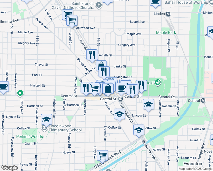 map of restaurants, bars, coffee shops, grocery stores, and more near 2644 Green Bay Road in Evanston