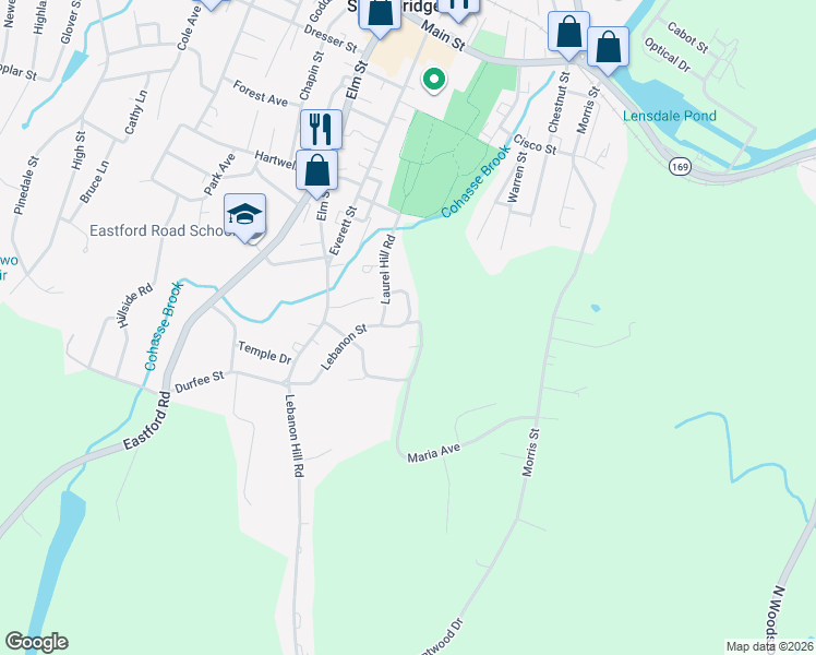 map of restaurants, bars, coffee shops, grocery stores, and more near 2 Meadowbrook Road in Southbridge