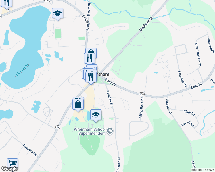 map of restaurants, bars, coffee shops, grocery stores, and more near 60 Common Street in Wrentham