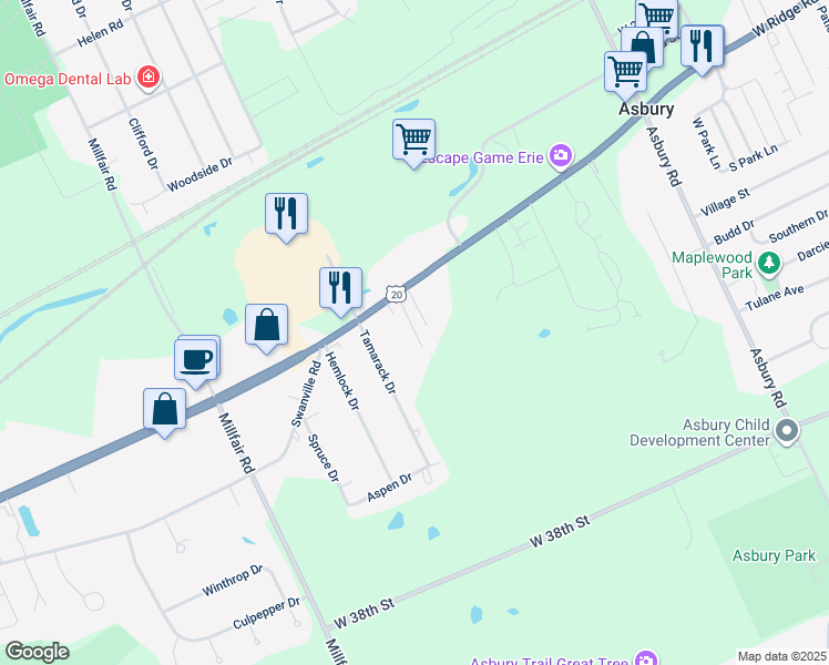map of restaurants, bars, coffee shops, grocery stores, and more near 2928 Lena Court in Erie