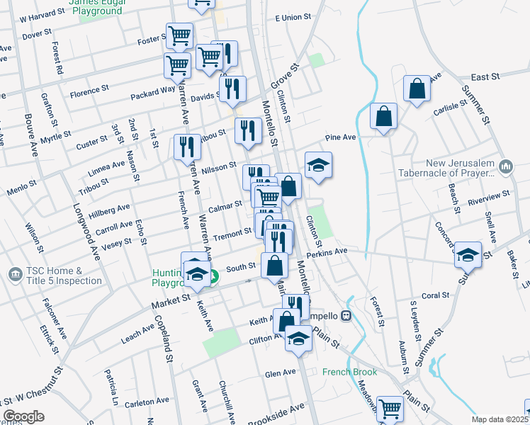 map of restaurants, bars, coffee shops, grocery stores, and more near 10 Pinkham Street in Brockton