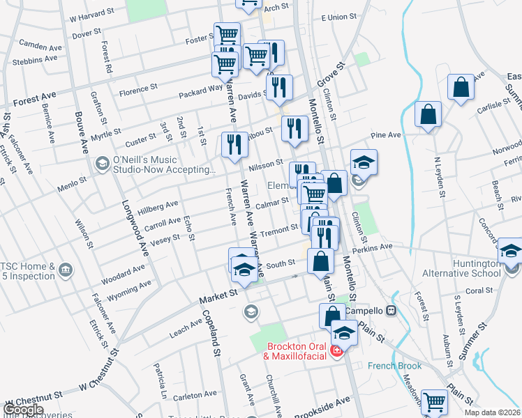 map of restaurants, bars, coffee shops, grocery stores, and more near 55 Calmar Street in Brockton