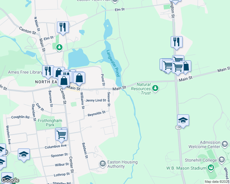 map of restaurants, bars, coffee shops, grocery stores, and more near 235 Main Street in Easton