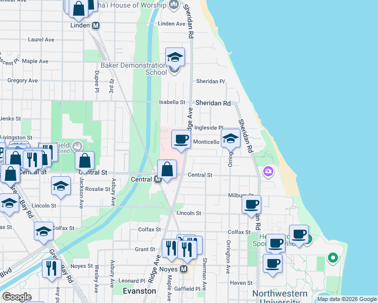 map of restaurants, bars, coffee shops, grocery stores, and more near 824 Monticello Place in Evanston
