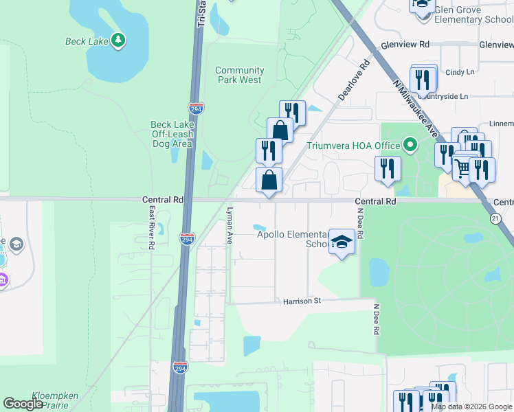 map of restaurants, bars, coffee shops, grocery stores, and more near 10164 Meadow Lane in Des Plaines