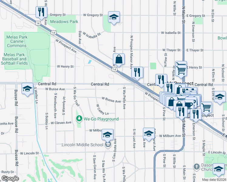 map of restaurants, bars, coffee shops, grocery stores, and more near 605 West Central Road in Mount Prospect
