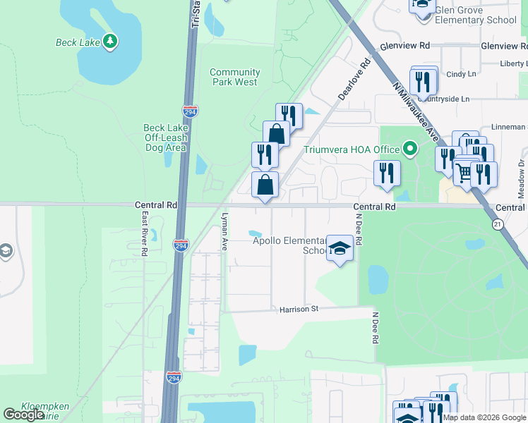 map of restaurants, bars, coffee shops, grocery stores, and more near 10164 Meadow Lane in Des Plaines