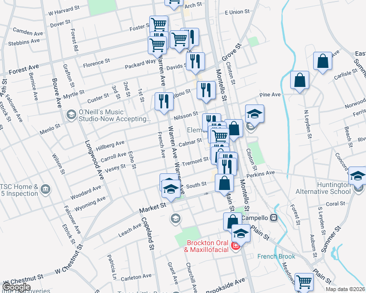 map of restaurants, bars, coffee shops, grocery stores, and more near 55 Calmar Street in Brockton