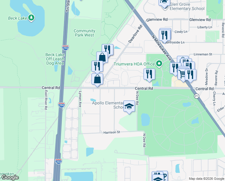 map of restaurants, bars, coffee shops, grocery stores, and more near 4252 West Central Road in Glenview