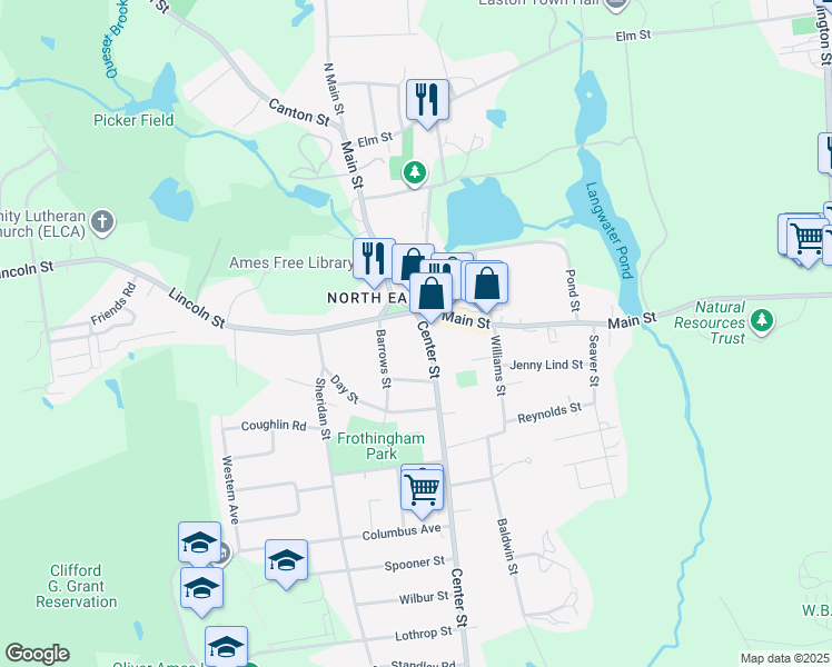 map of restaurants, bars, coffee shops, grocery stores, and more near 11 Center Street in Easton