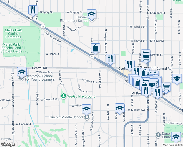 map of restaurants, bars, coffee shops, grocery stores, and more near 605 West Central Road in Mount Prospect