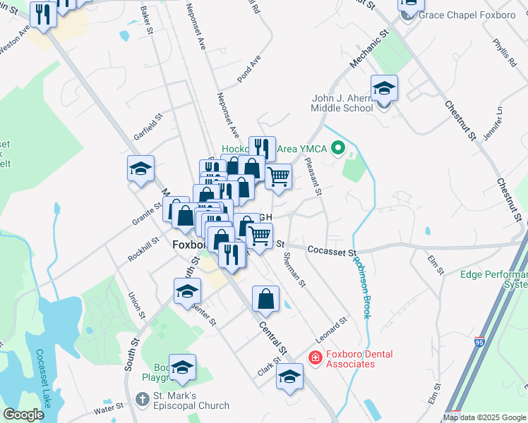 map of restaurants, bars, coffee shops, grocery stores, and more near 11 Maple Place in Foxborough