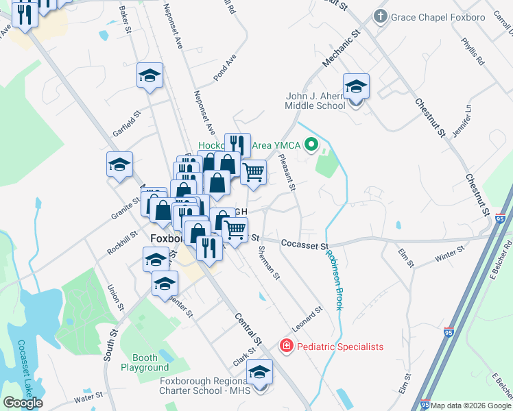 map of restaurants, bars, coffee shops, grocery stores, and more near 12 Maple Avenue in Foxborough