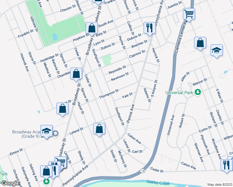 map of restaurants, bars, coffee shops, grocery stores, and more near 582 Thompson Street in Elmira