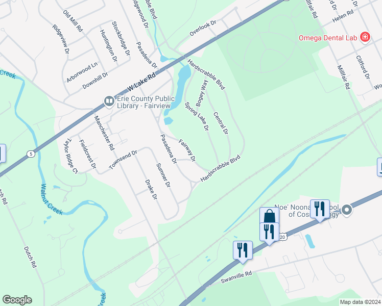 map of restaurants, bars, coffee shops, grocery stores, and more near 1499 Fairway Drive in Erie