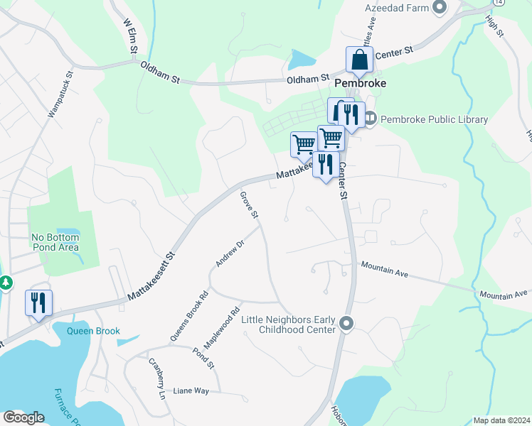 map of restaurants, bars, coffee shops, grocery stores, and more near 67 Grove Street in Pembroke