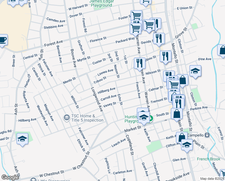 map of restaurants, bars, coffee shops, grocery stores, and more near 102 Hillberg Avenue in Brockton