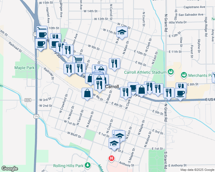 map of restaurants, bars, coffee shops, grocery stores, and more near in Carroll