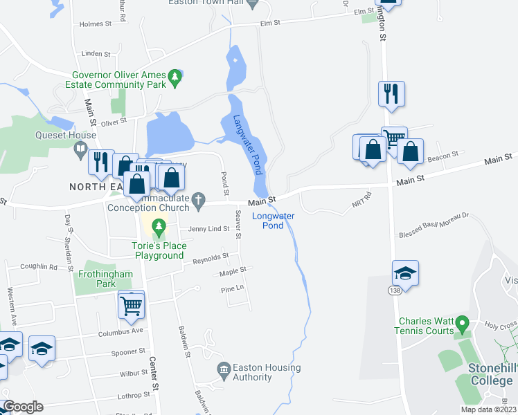 map of restaurants, bars, coffee shops, grocery stores, and more near 235 Main Street in Easton