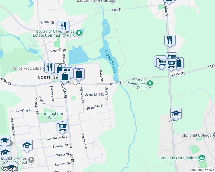 map of restaurants, bars, coffee shops, grocery stores, and more near 218 Main Street in Easton